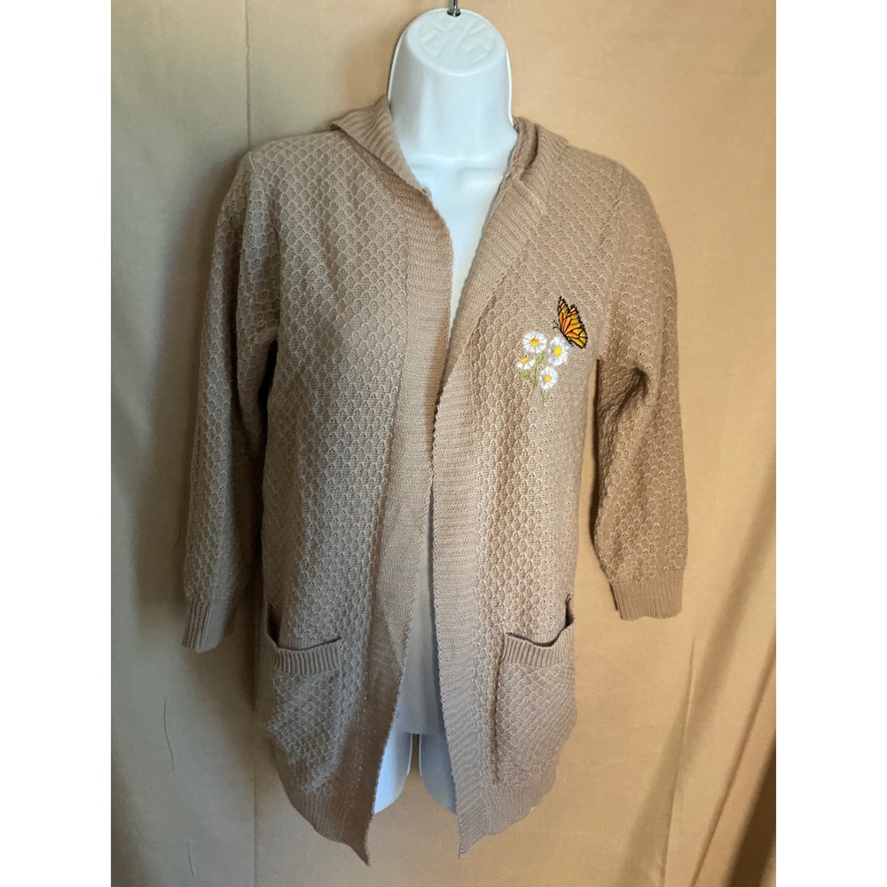 Sweet Stories Cardigan Womens Large Tan Excellent Embroidered Butterfly Hooded